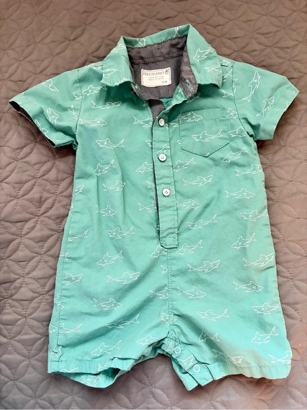 Free Planet Teal and White Collared Button-Up Baby Romper with Shark Trim